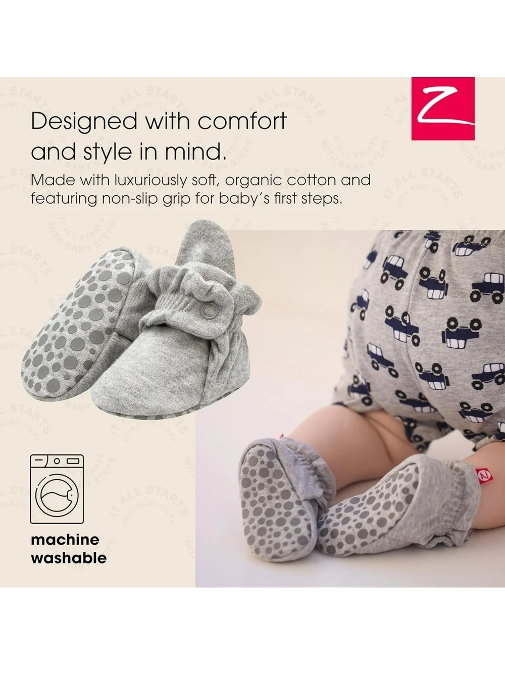 2 Pairs unisex Zutano Light Gray Baby Booties with Snap Cuffs